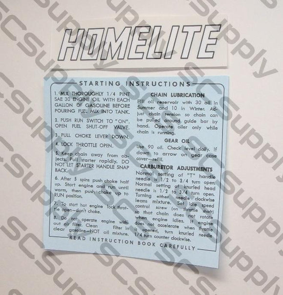 Homelite Model 17 decal set