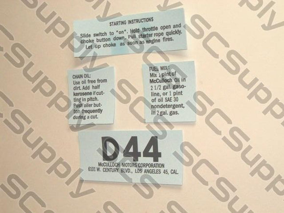 McCulloch D44 decal set